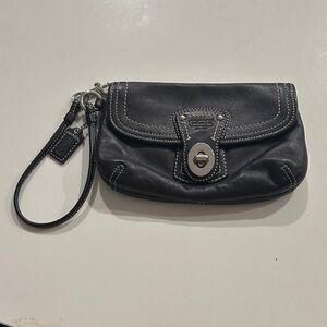 Coach Black Leather Wristlet with Silver Accents